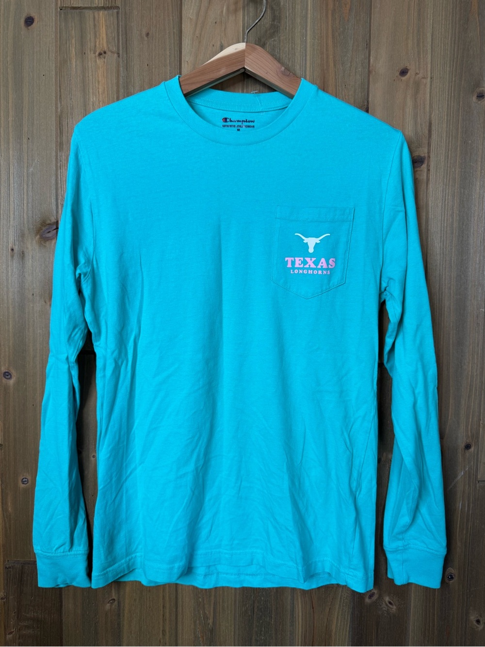 Champion Turquoise Long-Sleeve Pocket Tee with Texas Longhorns Print